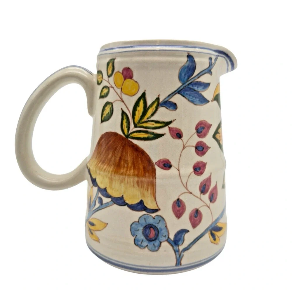 Vintage Cornell Imports Portugal Ceramic Pitcher Hand Painted Colorful Flowers